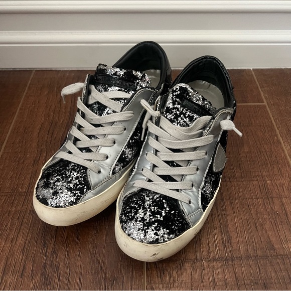 PHILIPPE MODEL Paris black velvety silver glitter sneakers w hidden wedge EU3 - Picture 1 of 12